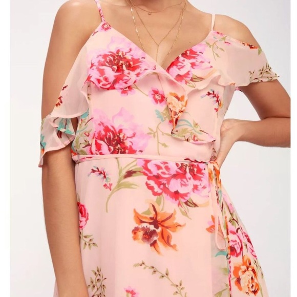 Lulus Ella blush pink floral high low midi off shoulder dress ruffle yellow blue - Picture 4 of 7